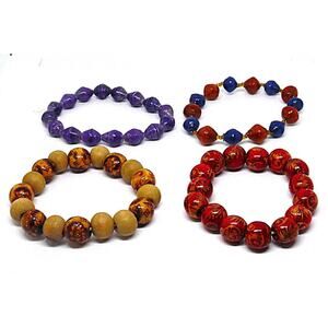 Boho Wooden Bead/Plastic Bracelets Purple, Wood Tone, Red, Blue/Brown VTG 4 Set